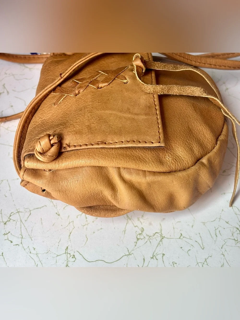 Vintage Tan Leather Crosslace Boho Crossbody Bag | Small | Made in India